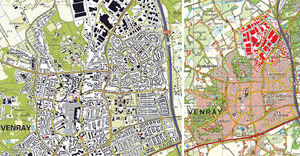 Ilustracja: Mierz i zapisuj raz, używaj wiele razy <br />
Z lewej przykładowa mapa z terenu Holandii opracowana w skali 1:10 000, z prawej mapa tego obszaru w skali 1:50 000 ? wynik automatycznej generalizacji [J. Stoter i inni, 2014]