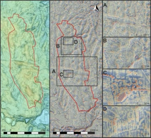 Ilustracja: Jak geodeci pomogli odkrywać "drugi Biskupin"? <br />
Stanowisko archeologiczne w wizualizacji Local Relief Model: A ? zachowany układ przestrzenny, B ? zachowany układ po?l uprawnych, C ? zachowany układ przestrzeni mieszkalnej, D ? zbliżenie na zachowane miedze, oprac. M. Sosnowski i J. Czerniec