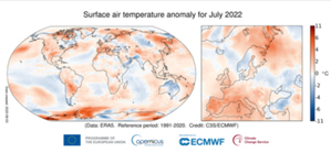 Ilustracja: Miniony miesiąc jednym z najcieplejszych lipców w historii <br />
Anomalie temperatury powietrza na powierzchni ziemi dla lipca 2022 roku w stosunku do średniej lipca z okresu 1991-2020