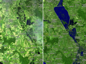 Ilustracja: Racibórz Dolny widziany z kosmosu <br />
Zbiornik Racibórz Dolny 3 i 18 września (fot. EO Browser, Sentinel Hub, Copernicus)