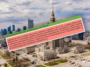 Ilustracja: W Warszawie spółka cywilna nie zgłosi pracy <br />
Fragment komunikatu, który otrzymała spółka cywilna po zgłoszeniu pracy w Warszawie. Zdjęcie w tle: Drone in Warsaw by Prokreacja.com przez Canva.com