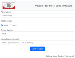 Ilustracja: GUGiK udostępnia walidator usług WMS i WFS z danymi EGiB <br />
Okno walidatora GUGiK
