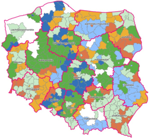Ilustracja: Kolejne powiaty z aktualną BDOT10k <br />
Mapa aktualności BDOT10k (źródło: Geoportal.gov.pl)