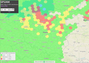 Ilustracja: Sygnał GPS znów zakłócany na obszarze Polski <br />
Zrzut z serwisu GPSJAM, 13 stycznia